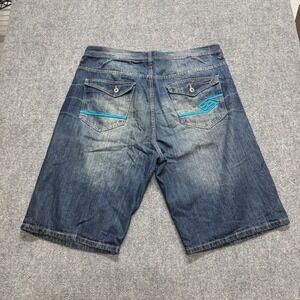 Y2K Enyce Jean Shorts Men's 44 Light Wash Baggy Embroidered Cotton Blue